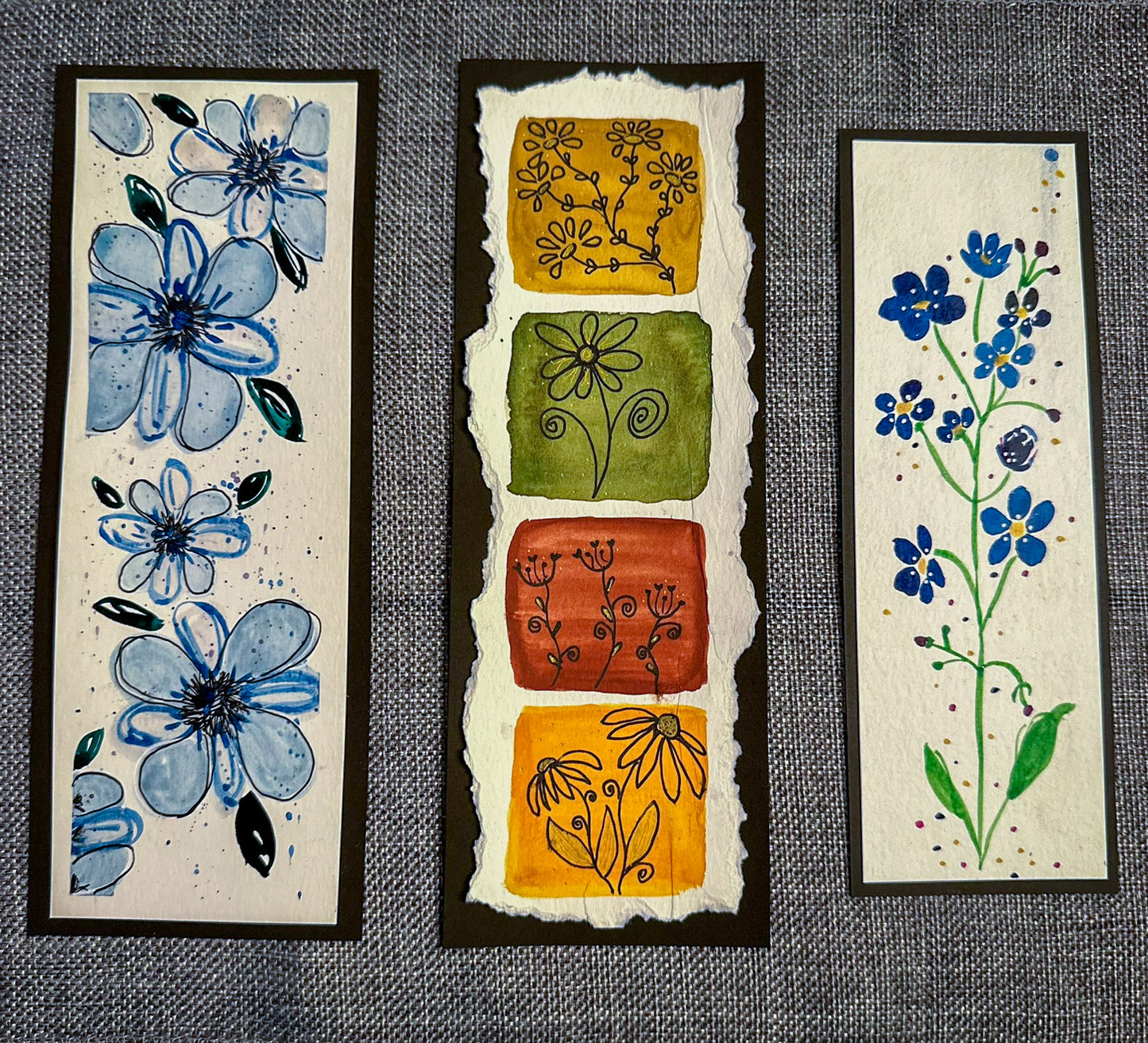 Bookmarks - Spring Flowers - Watercolor painting - Blue, Green, Yellow and Orange